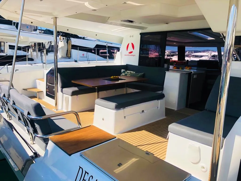 Deck of DESAFINADO, a Fountaine Pajot Saona 47 catamaran at Seget Donji, Croatia