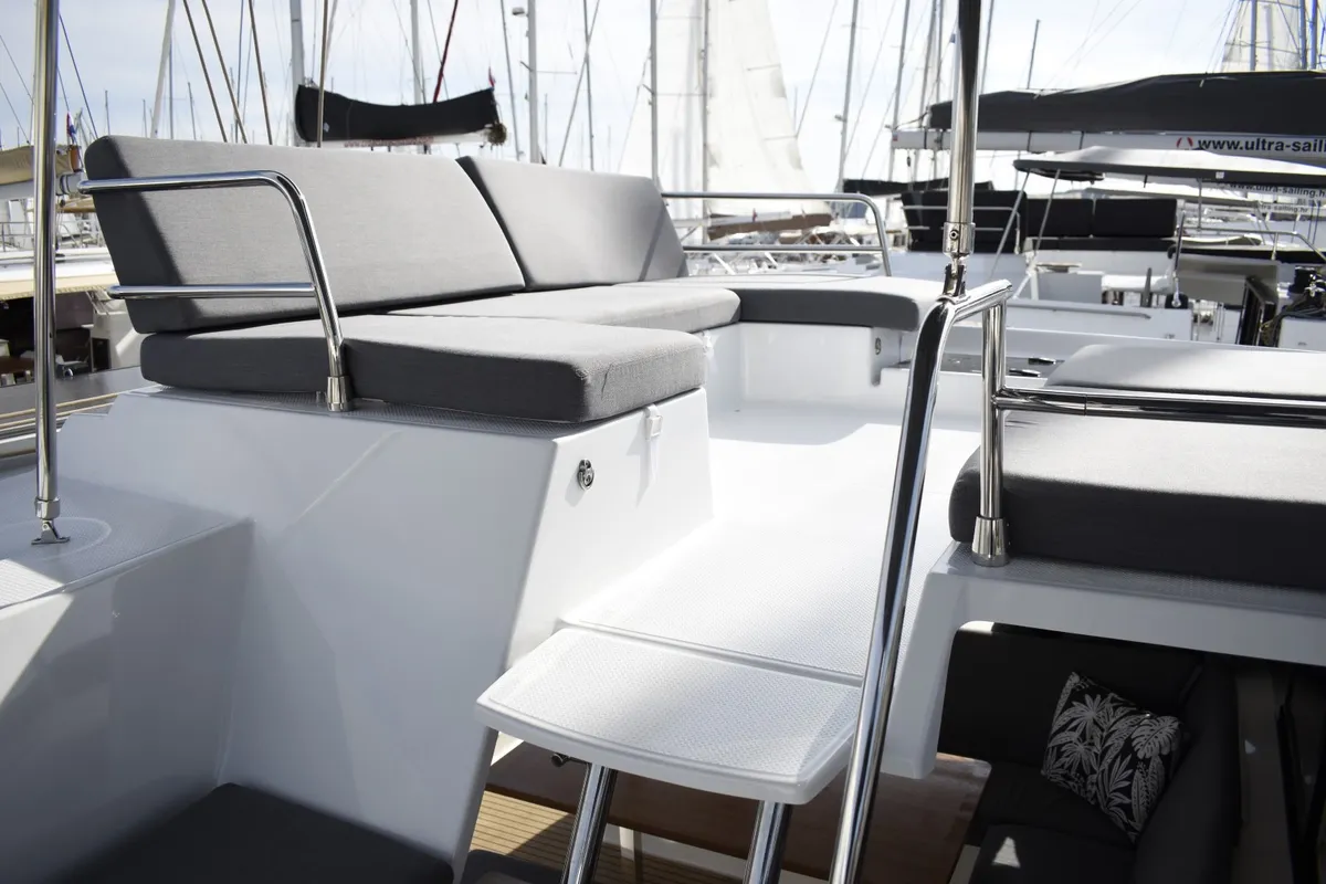 Deck of DESAFINADO, a Fountaine Pajot Saona 47 catamaran at Seget Donji, Croatia
