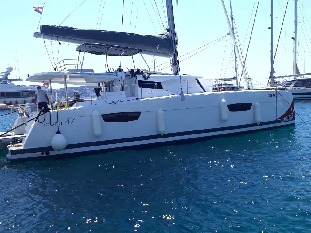 Exterior view of DESAFINADO, a Fountaine Pajot Saona 47 catamaran at Seget Donji, Croatia