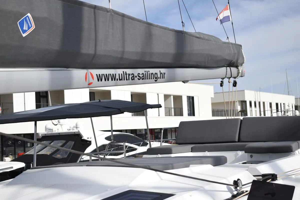 Deck of DESAFINADO, a Fountaine Pajot Saona 47 catamaran at Seget Donji, Croatia