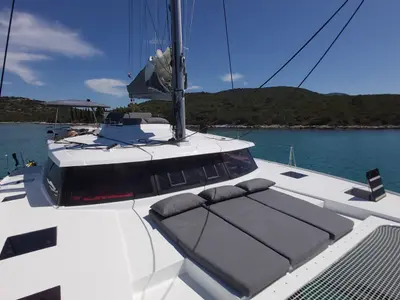 Deck of DESAFINADO, a Fountaine Pajot Saona 47 catamaran at Seget Donji, Croatia
