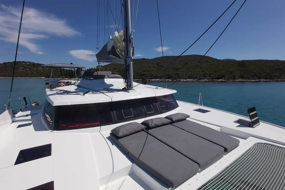 Deck of DESAFINADO, a Fountaine Pajot Saona 47 catamaran at Seget Donji, Croatia
