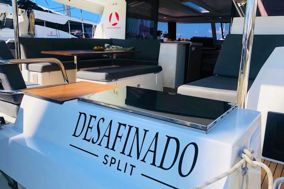 Deck of DESAFINADO, a Fountaine Pajot Saona 47 catamaran at Seget Donji, Croatia