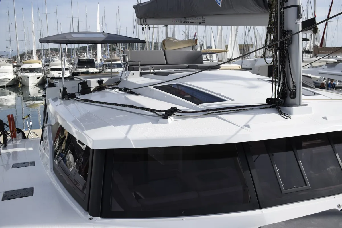 Deck of DESAFINADO, a Fountaine Pajot Saona 47 catamaran at Seget Donji, Croatia