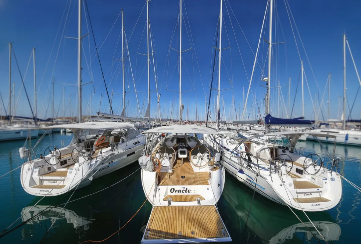 Exterior view of Oracle, a Bavaria Cruiser 37 sailboat at Murter, Croatia