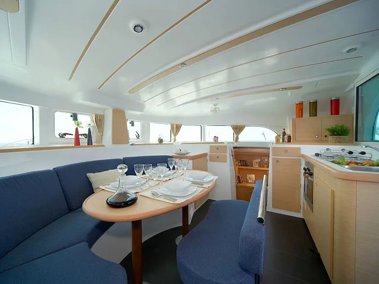 Salon of Butterfly, a Lagoon 380 catamaran at Parikia, Greece