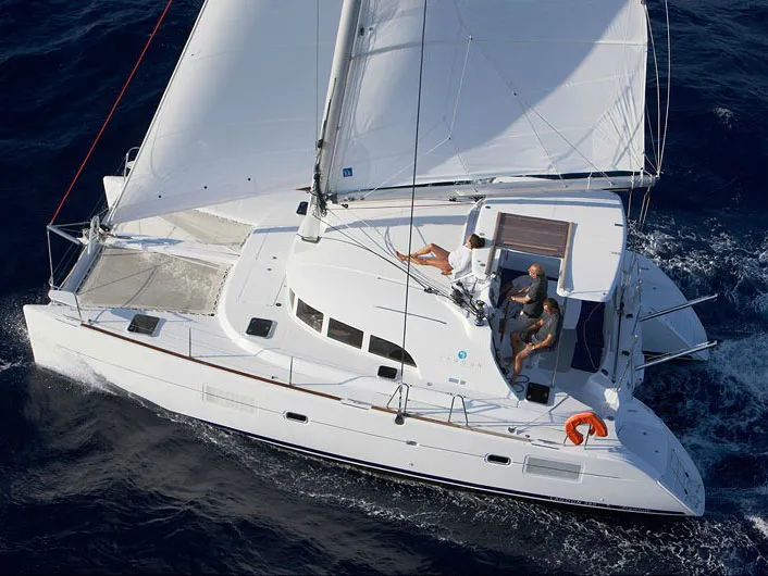 Exterior view of Butterfly, a Lagoon 380 catamaran at Parikia, Greece