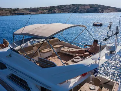 Cockpit of Margo, a Princess 470 motor yacht at Piraeus, Greece