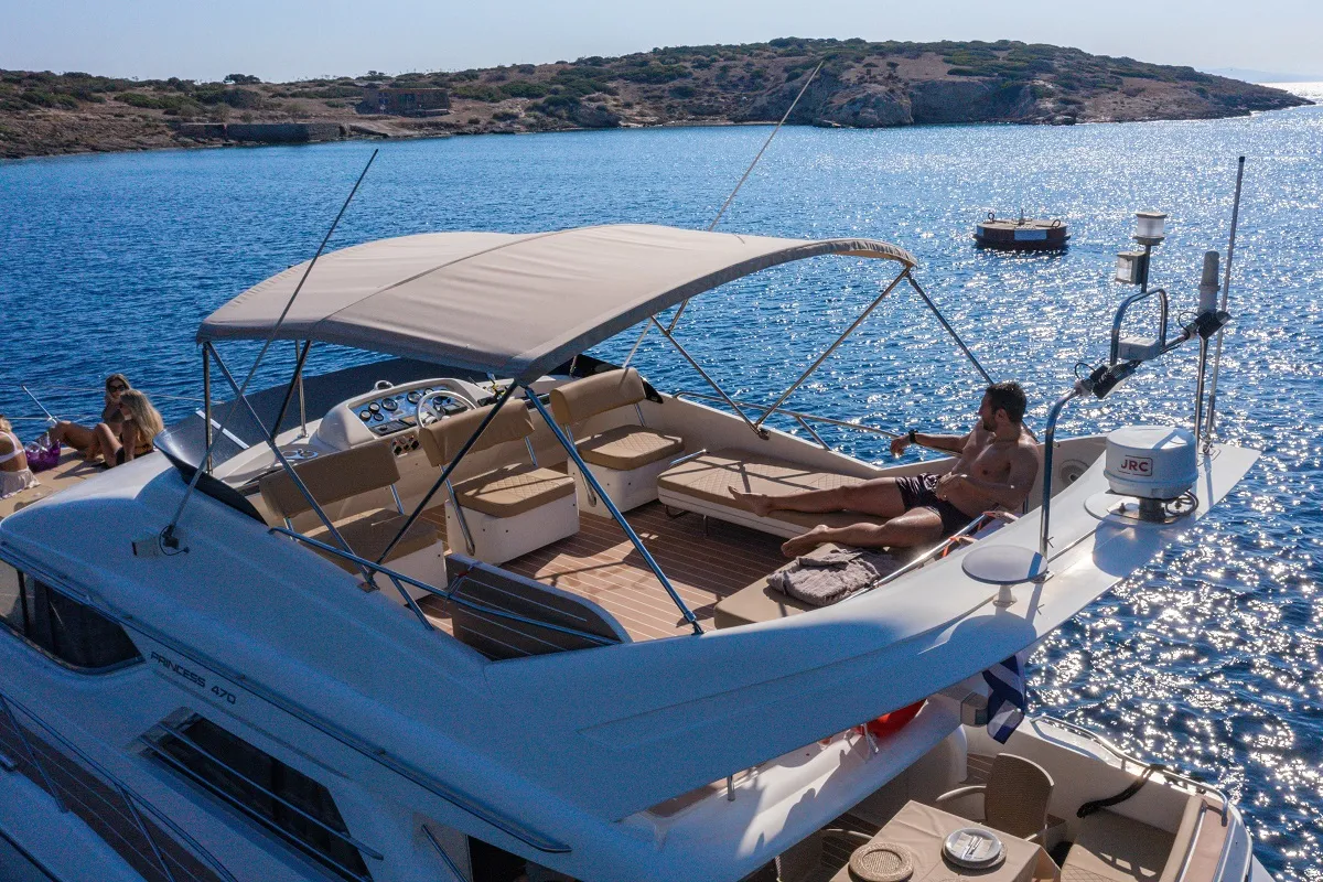 Cockpit of Margo, a Princess 470 motor yacht at Piraeus, Greece