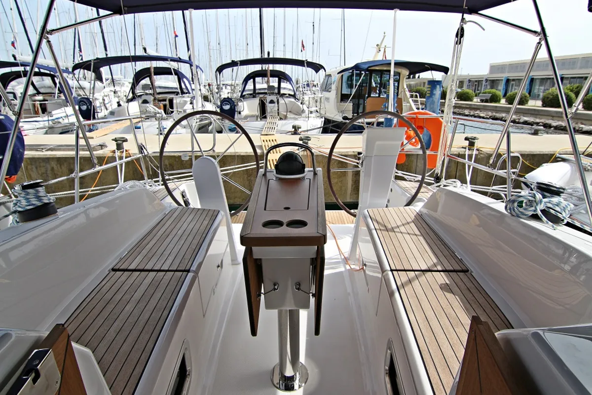Cockpit of Lucy, a Bavaria Cruiser 34 sailboat at Sukošan, Croatia