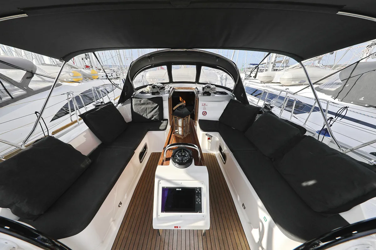 Cockpit of Neo Star V, a Bavaria Cruiser 46 sailboat at Grad Biograd na Moru, Croatia