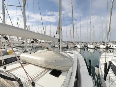 Deck of Neo Star V, a Bavaria Cruiser 46 sailboat at Grad Biograd na Moru, Croatia