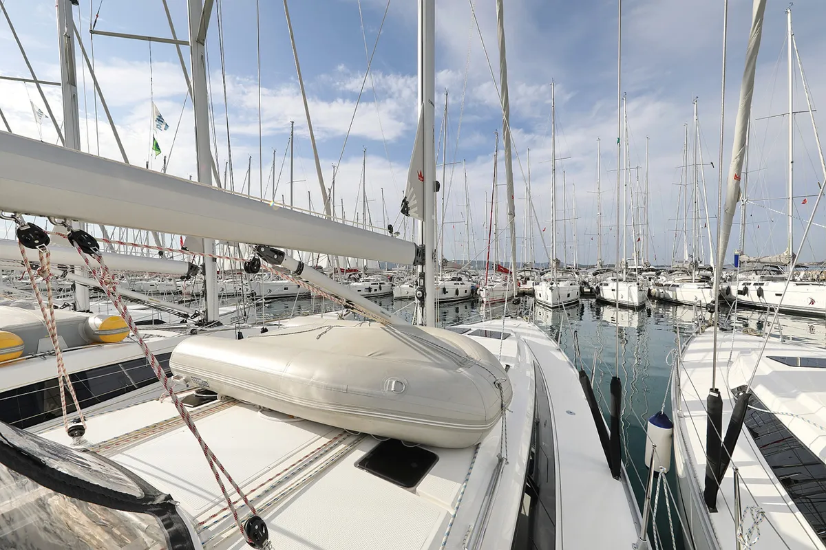 Deck of Neo Star V, a Bavaria Cruiser 46 sailboat at Grad Biograd na Moru, Croatia