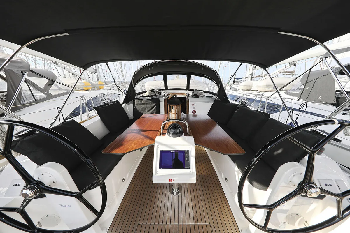 Cockpit of Neo Star V, a Bavaria Cruiser 46 sailboat at Grad Biograd na Moru, Croatia
