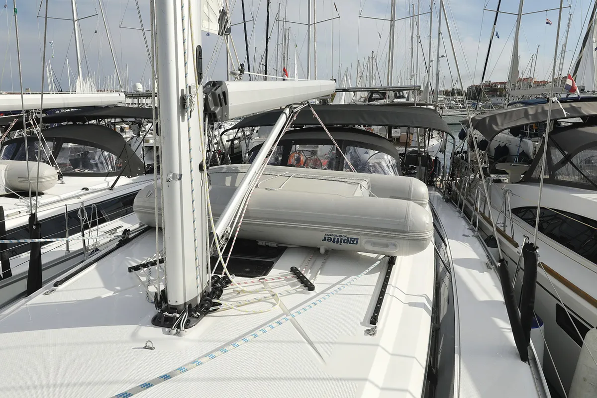 Deck of Neo Star V, a Bavaria Cruiser 46 sailboat at Grad Biograd na Moru, Croatia