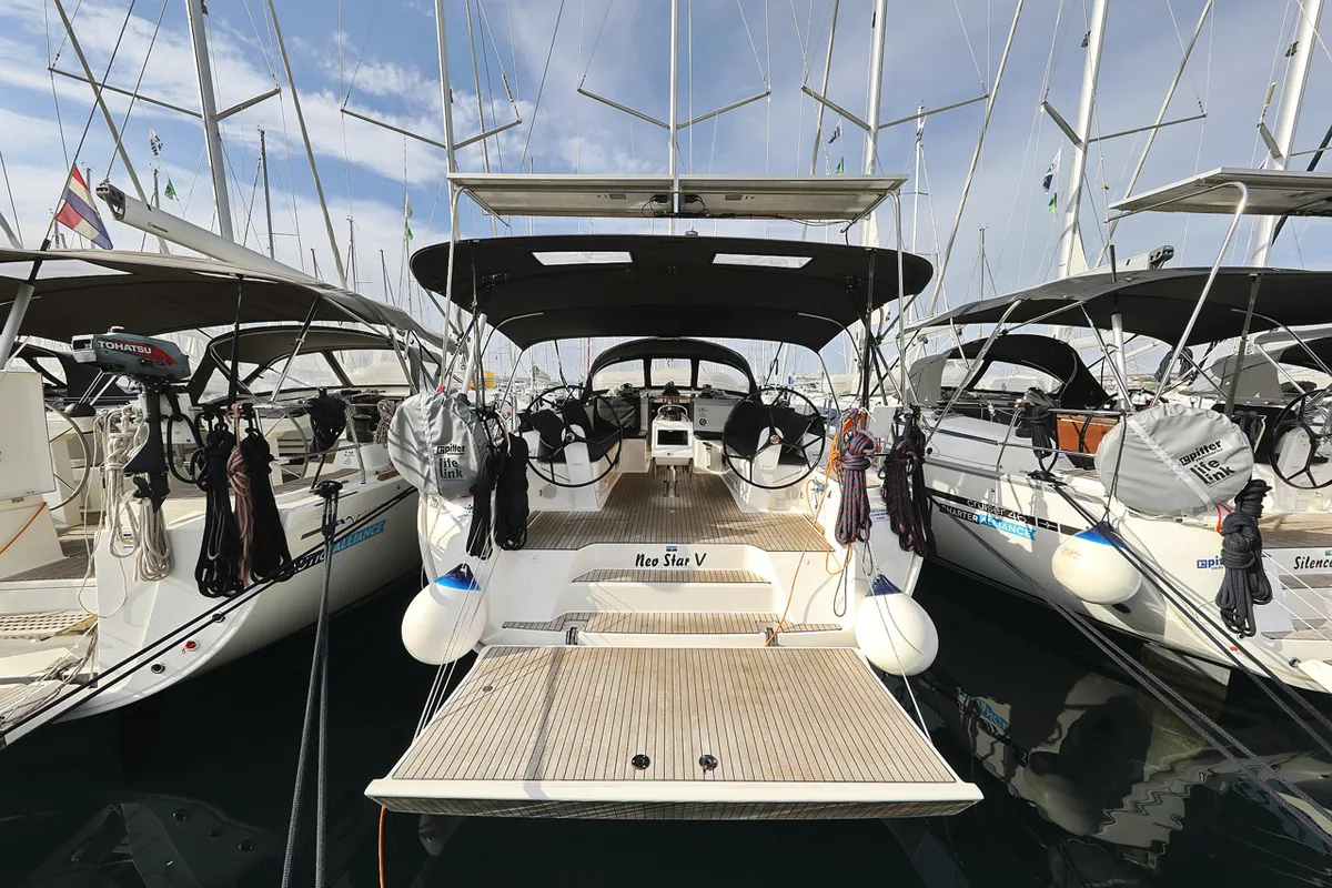 Exterior view of Neo Star V, a Bavaria Cruiser 46 sailboat at Grad Biograd na Moru, Croatia