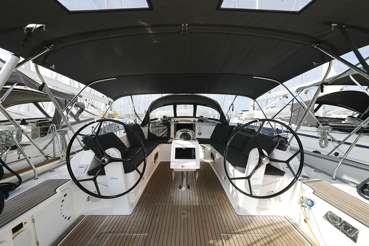 Cockpit of Neo Star V, a Bavaria Cruiser 46 sailboat at Grad Biograd na Moru, Croatia