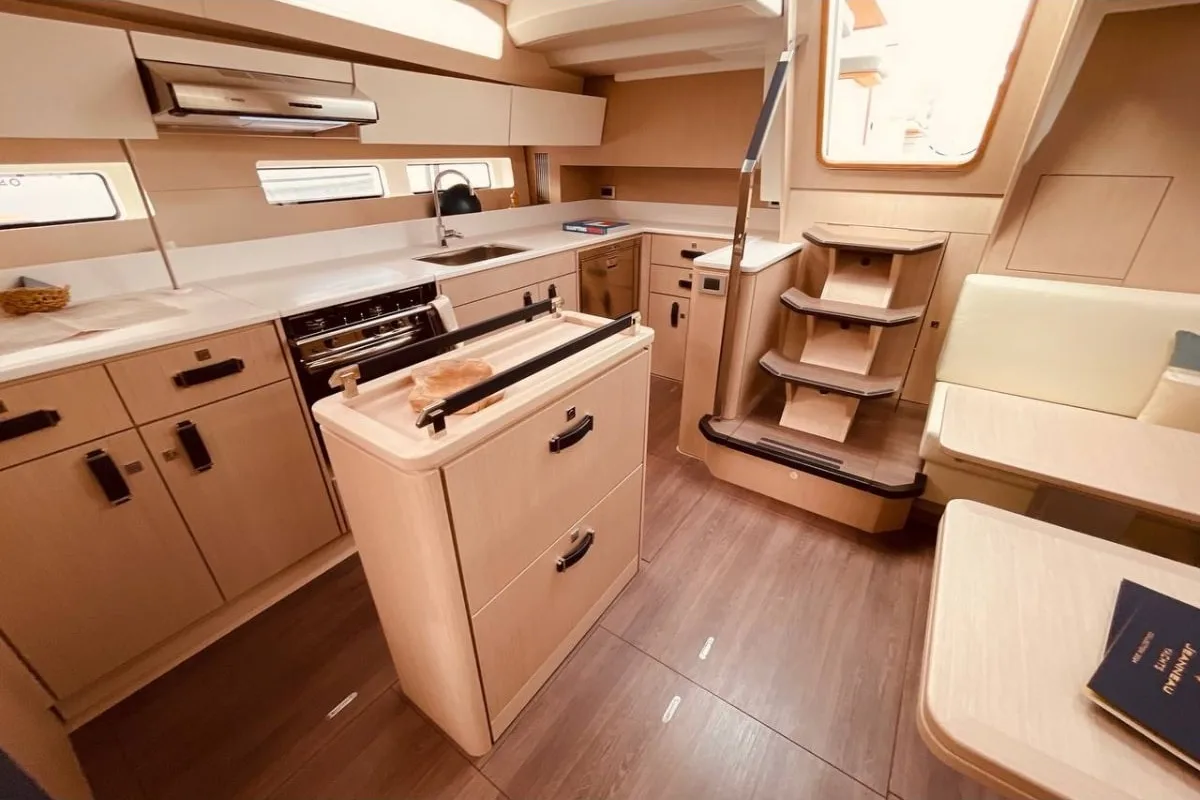 Galley of Marina, a Jeanneau 55 sailboat at Salerno, Italy