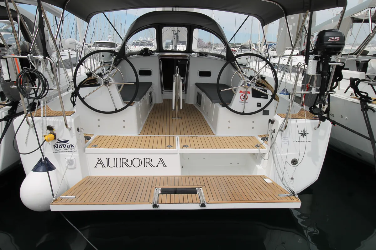 Exterior view of Aurora, a Jeanneau Sun Odyssey 380 sailboat at Grad Biograd na Moru, Croatia