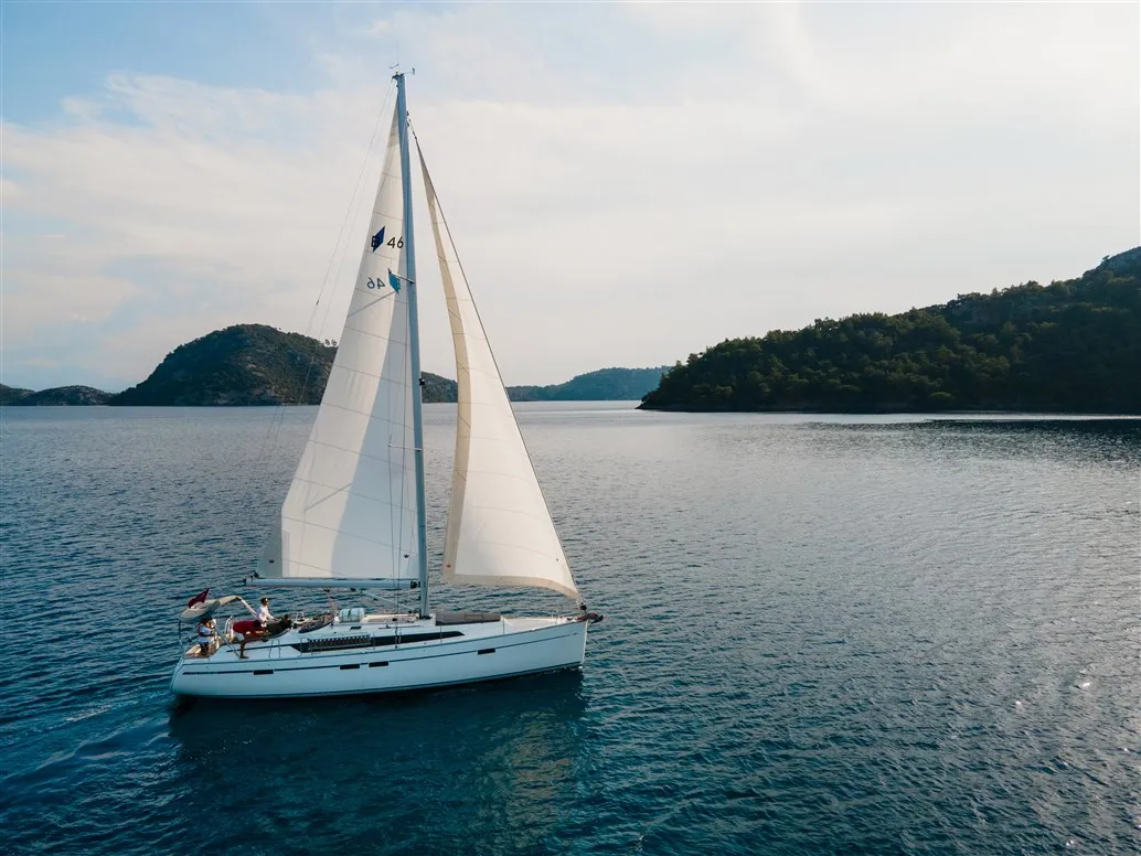 Exterior view of Barcelona, a Bavaria Cruiser 46 sailboat at Fethiye, Turkey
