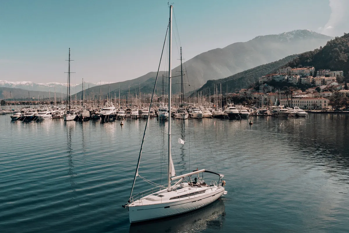 Exterior view of Barcelona, a Bavaria Cruiser 46 sailboat at Fethiye, Turkey