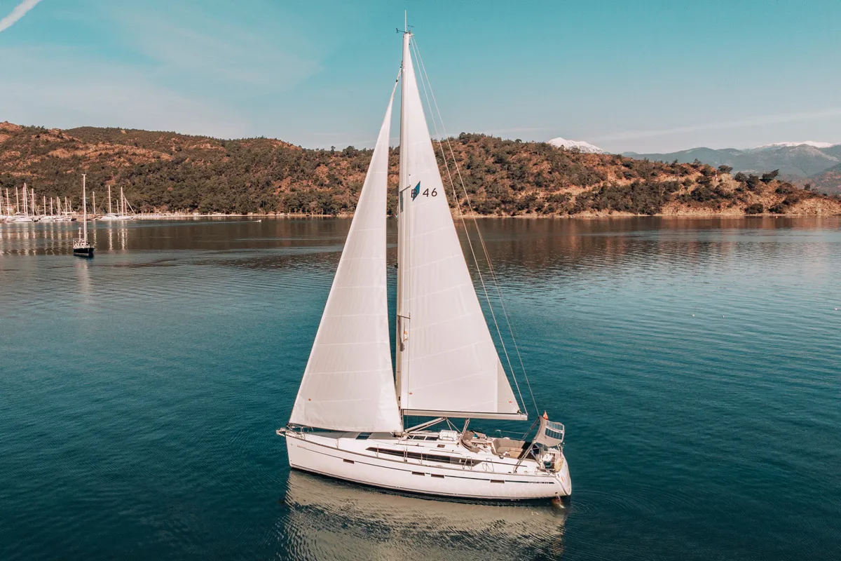 Exterior view of Barcelona, a Bavaria Cruiser 46 sailboat at Fethiye, Turkey