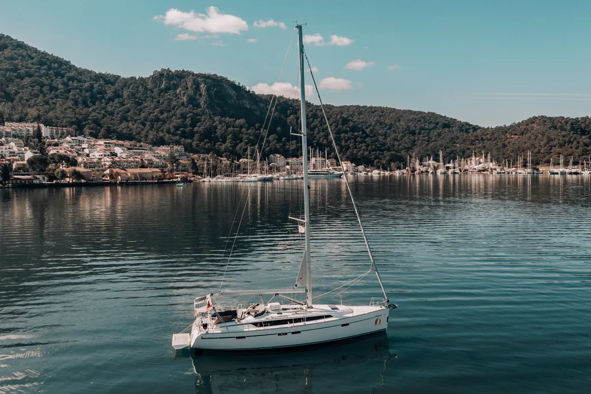 Exterior view of Barcelona, a Bavaria Cruiser 46 sailboat at Fethiye, Turkey