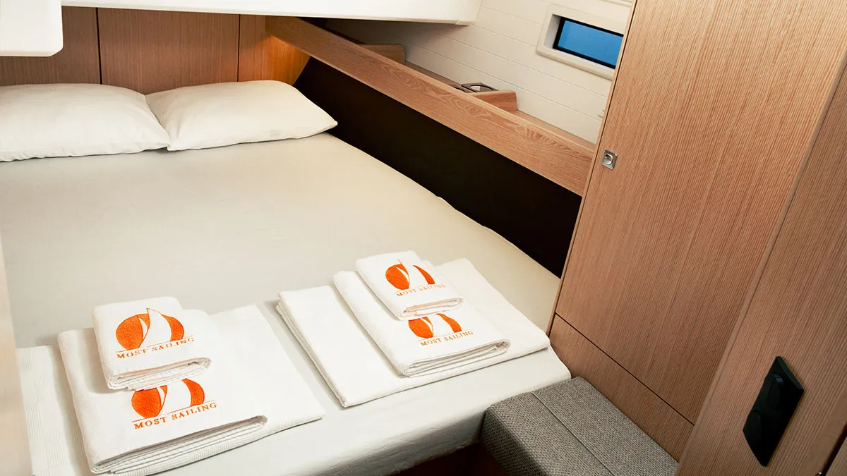 Cabin on Barcelona, a Bavaria Cruiser 46 sailboat at Fethiye, Turkey