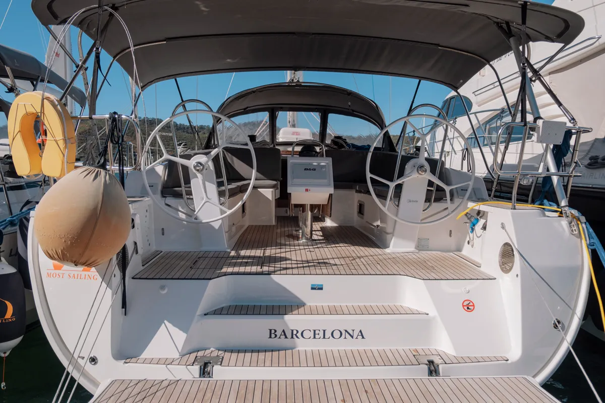 Cockpit of Barcelona, a Bavaria Cruiser 46 sailboat at Fethiye, Turkey