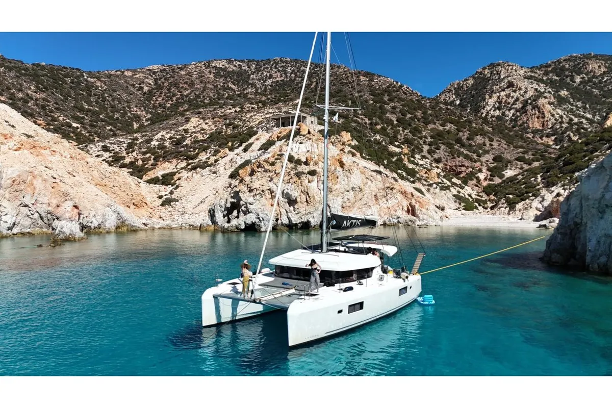 Exterior view of Aktis, a Lagoon 42 catamaran at Athens, Greece