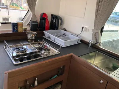 Galley of Aktis, a Lagoon 42 catamaran at Athens, Greece