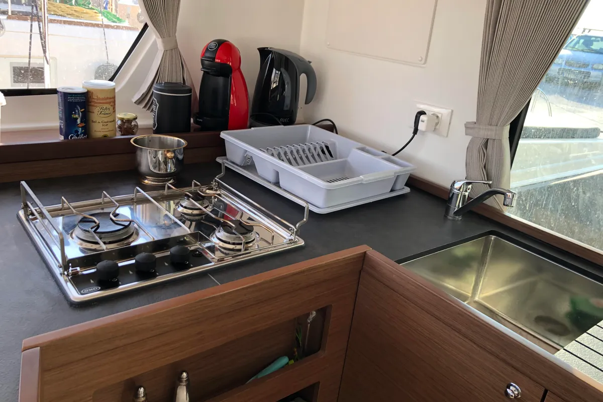 Galley of Aktis, a Lagoon 42 catamaran at Athens, Greece