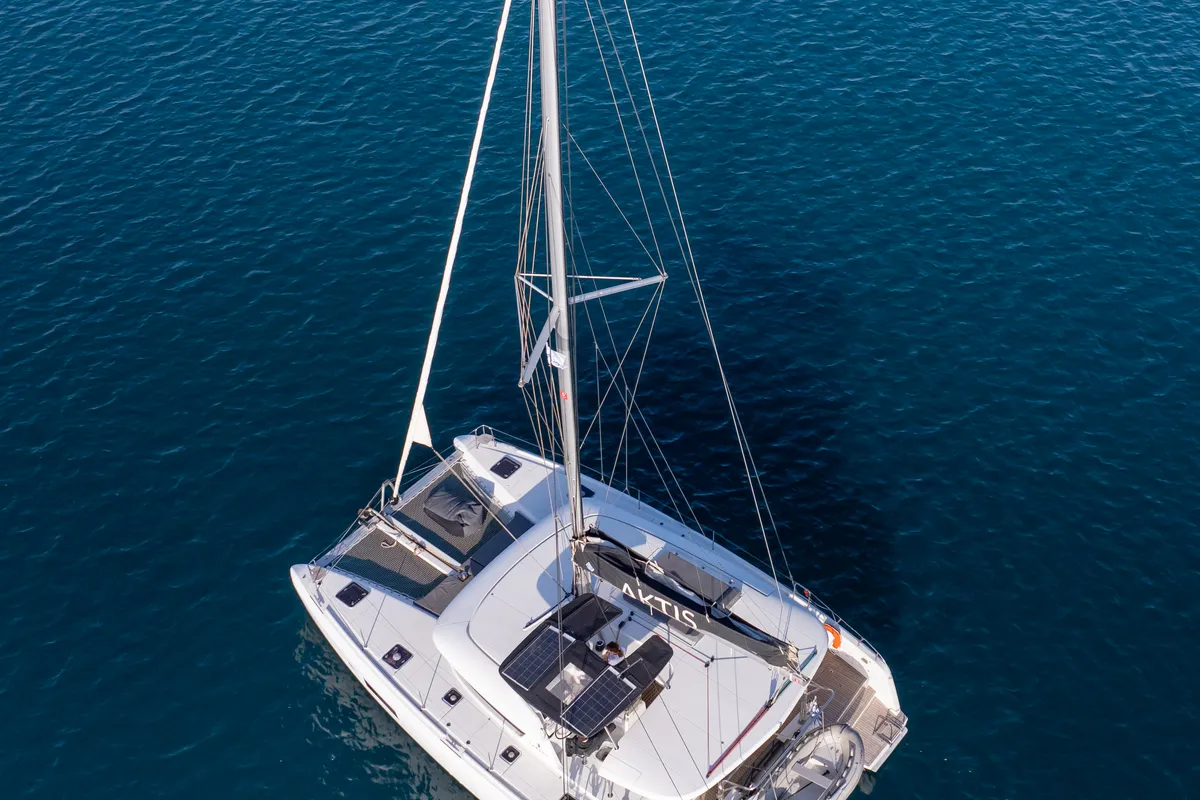 Exterior view of Aktis, a Lagoon 42 catamaran at Athens, Greece