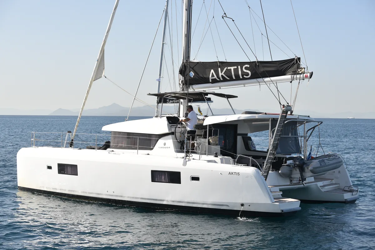 Exterior view of Aktis, a Lagoon 42 catamaran at Athens, Greece