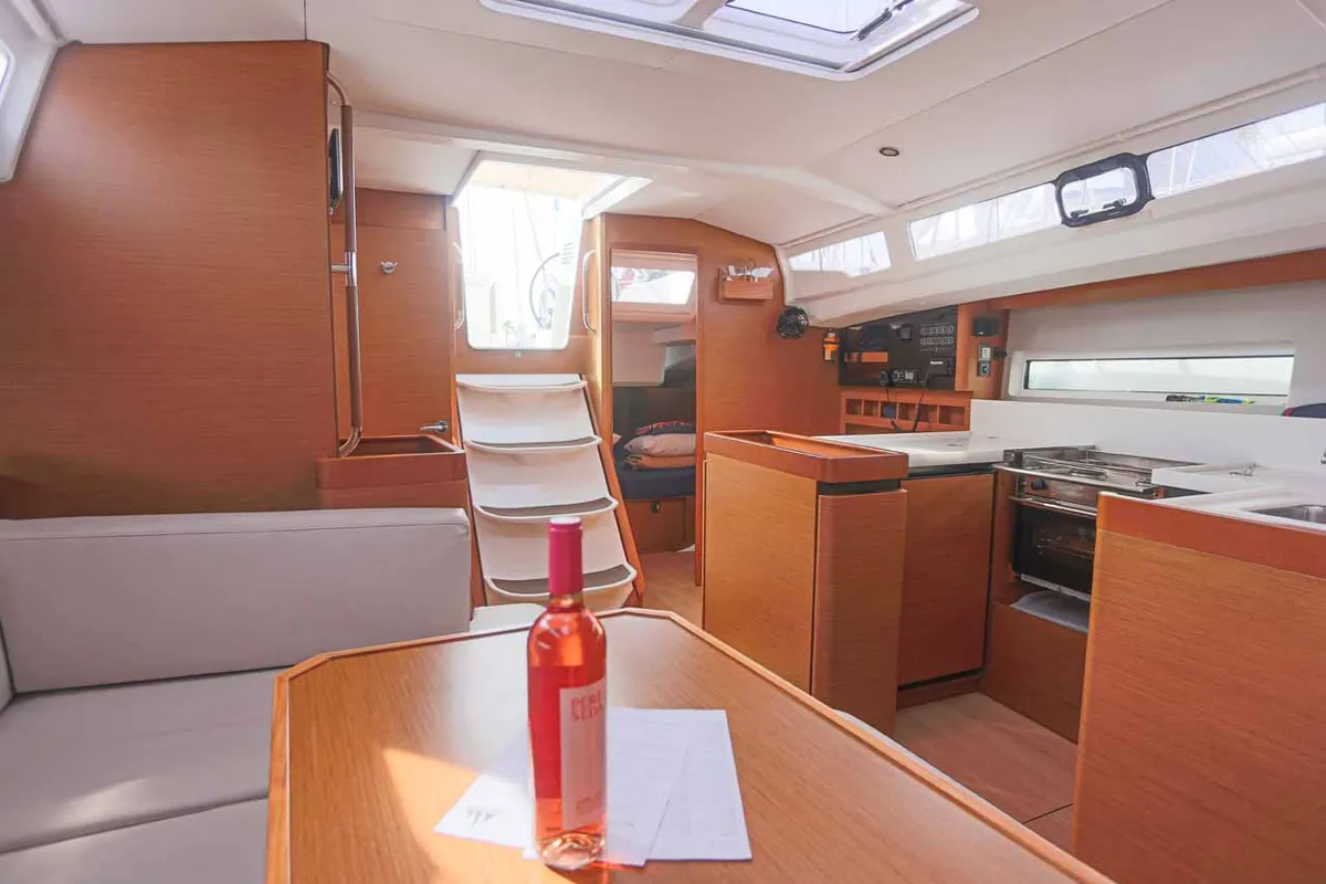 Salon of Lazy River, a Jeanneau Sun Odyssey 440 sailboat at Palma de Mallorca, Spain