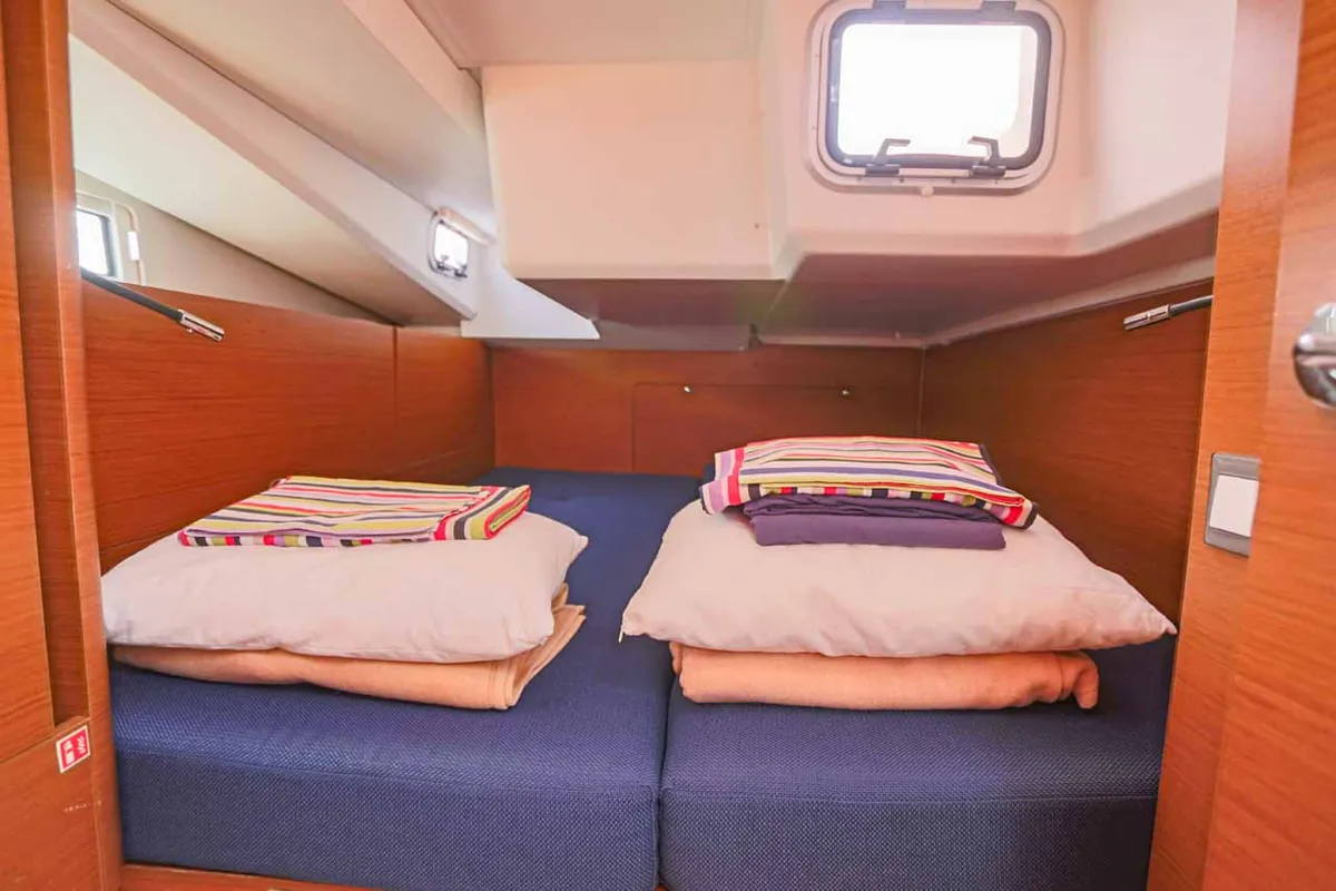 Cabin on Lazy River, a Jeanneau Sun Odyssey 440 sailboat at Palma de Mallorca, Spain