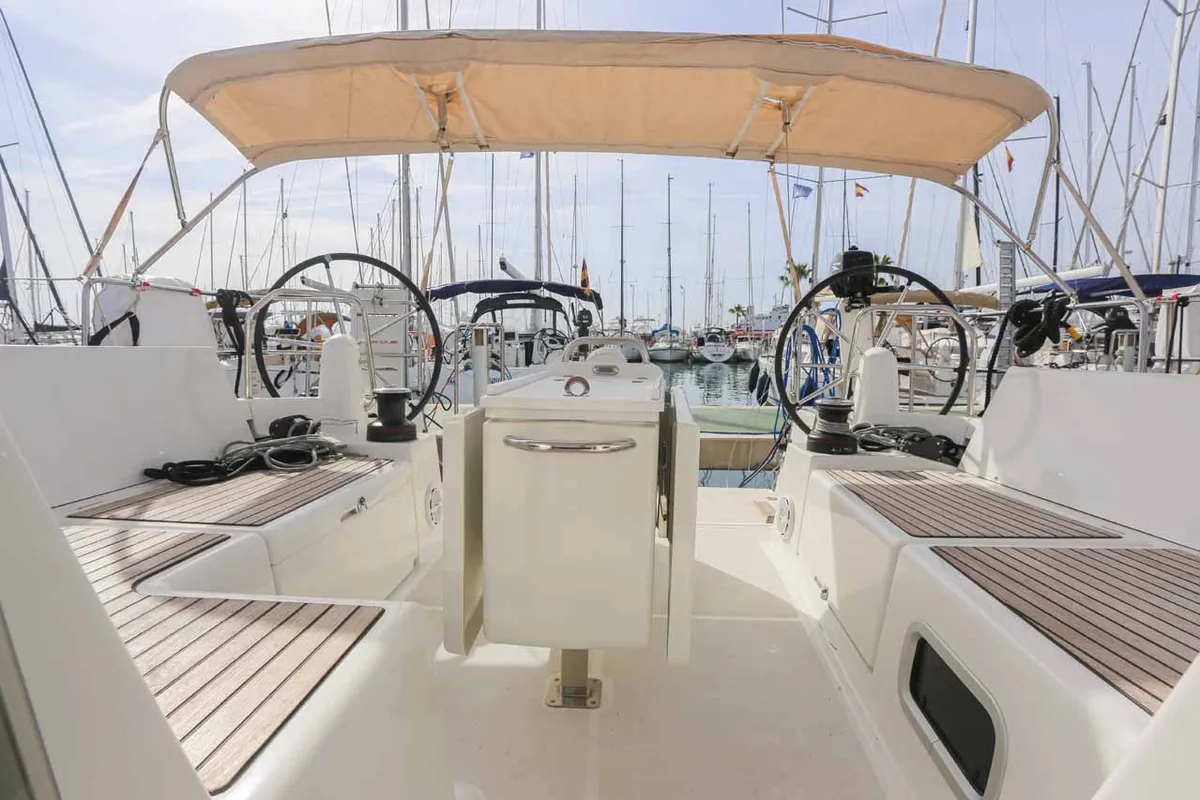 Cockpit of Lazy River, a Jeanneau Sun Odyssey 440 sailboat at Palma de Mallorca, Spain
