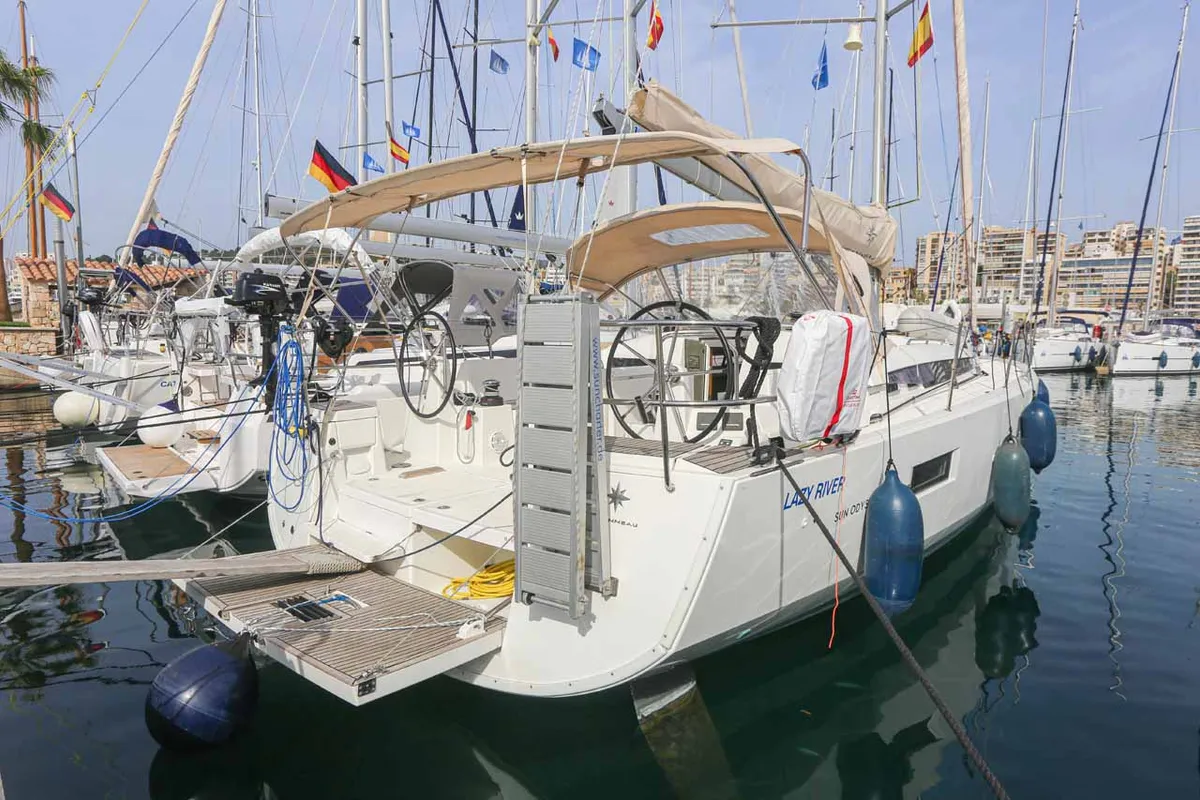 Exterior view of Lazy River, a Jeanneau Sun Odyssey 440 sailboat at Palma de Mallorca, Spain