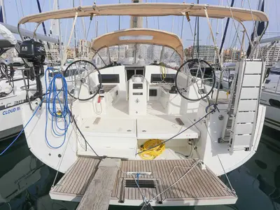 Cockpit of Lazy River, a Jeanneau Sun Odyssey 440 sailboat at Palma de Mallorca, Spain
