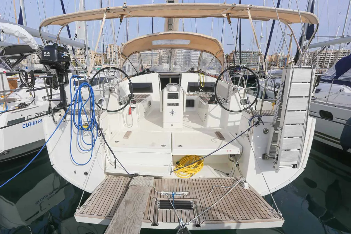 Cockpit of Lazy River, a Jeanneau Sun Odyssey 440 sailboat at Palma de Mallorca, Spain
