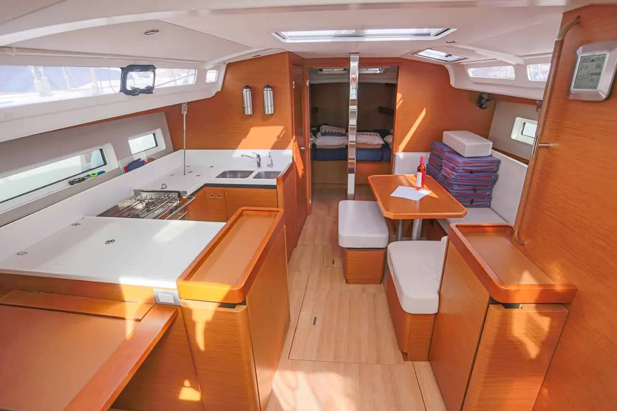 Galley of Lazy River, a Jeanneau Sun Odyssey 440 sailboat at Palma de Mallorca, Spain