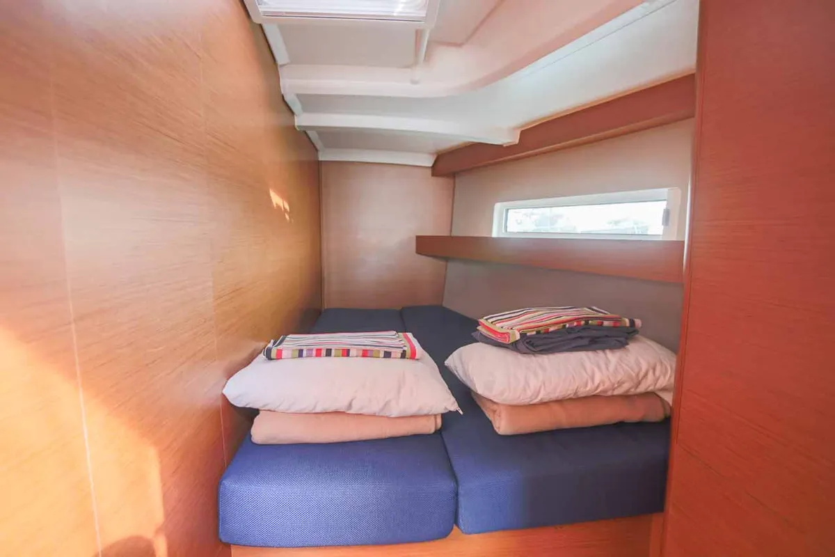 Cabin on Lazy River, a Jeanneau Sun Odyssey 440 sailboat at Palma de Mallorca, Spain