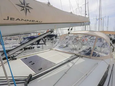 Deck of Lazy River, a Jeanneau Sun Odyssey 440 sailboat at Palma de Mallorca, Spain
