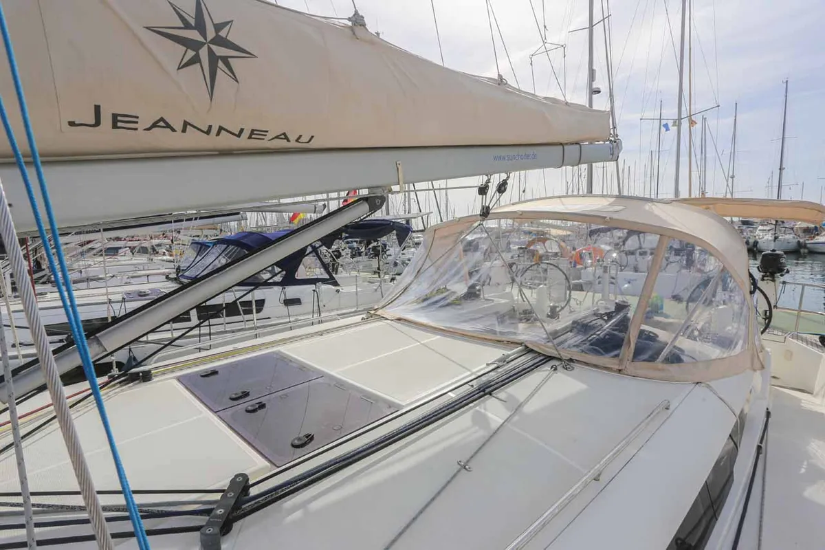Deck of Lazy River, a Jeanneau Sun Odyssey 440 sailboat at Palma de Mallorca, Spain