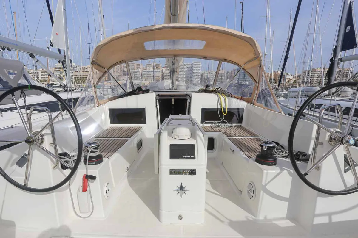 Cockpit of Lazy River, a Jeanneau Sun Odyssey 440 sailboat at Palma de Mallorca, Spain