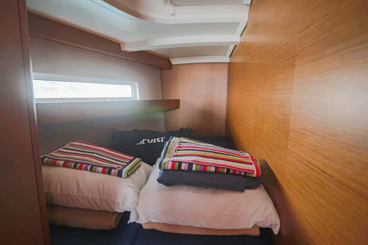 Cabin on Lazy River, a Jeanneau Sun Odyssey 440 sailboat at Palma de Mallorca, Spain