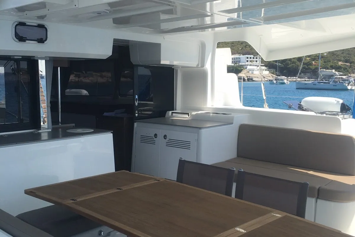 Deck of Margeo XVII, a Lagoon 46 catamaran at Athens, Greece