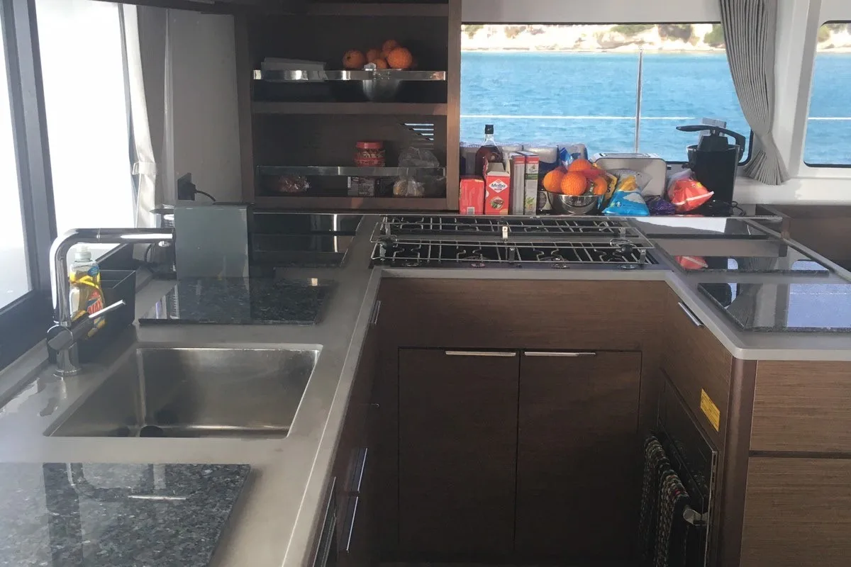 Galley of Margeo XVII, a Lagoon 46 catamaran at Athens, Greece