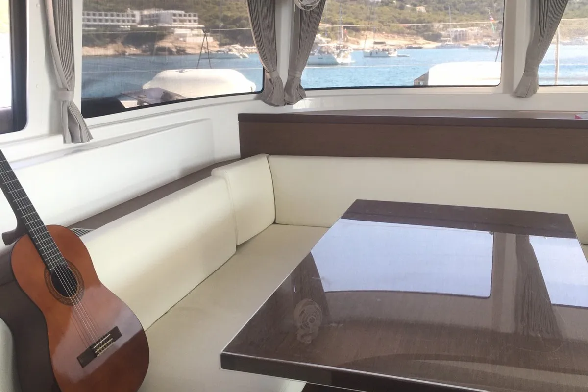 Salon of Margeo XVII, a Lagoon 46 catamaran at Athens, Greece