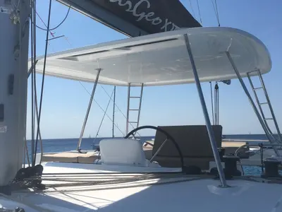 Cockpit of Margeo XVII, a Lagoon 46 catamaran at Athens, Greece